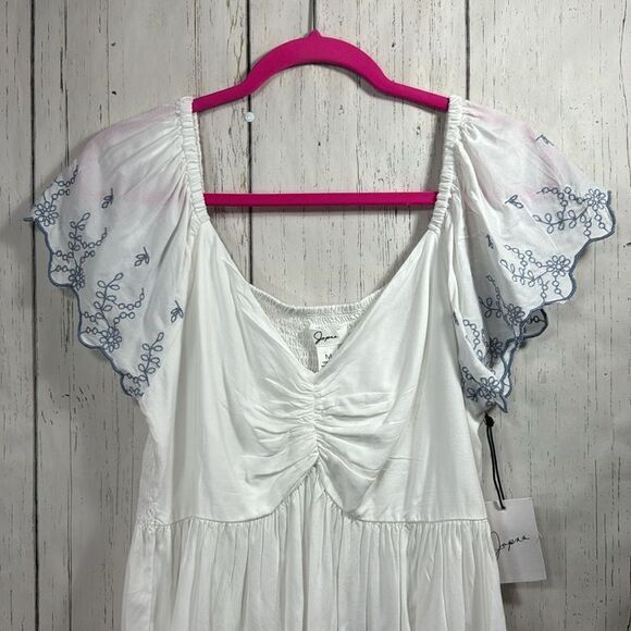 Japna Embroidered White Pleated Boho Short Sleeves Summer Beachy Blouse - Picture 2 of 12